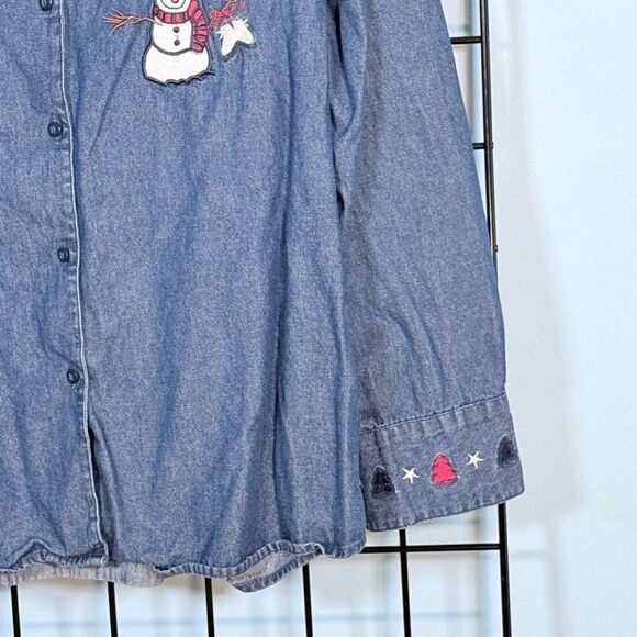 Vintage Christmas Winter‎ Denim LS Blouse Womens 1X Blue Snow Flake Pop Cuff - Picture 4 of 10